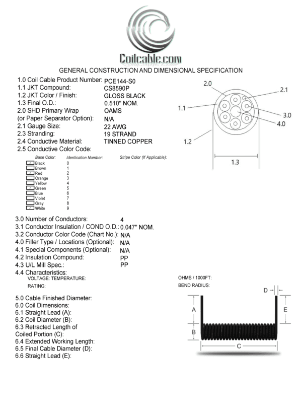 A diagram of the PCE144- Power Coiled Cord 14 Gauge with 4 Conductors - No Shield.