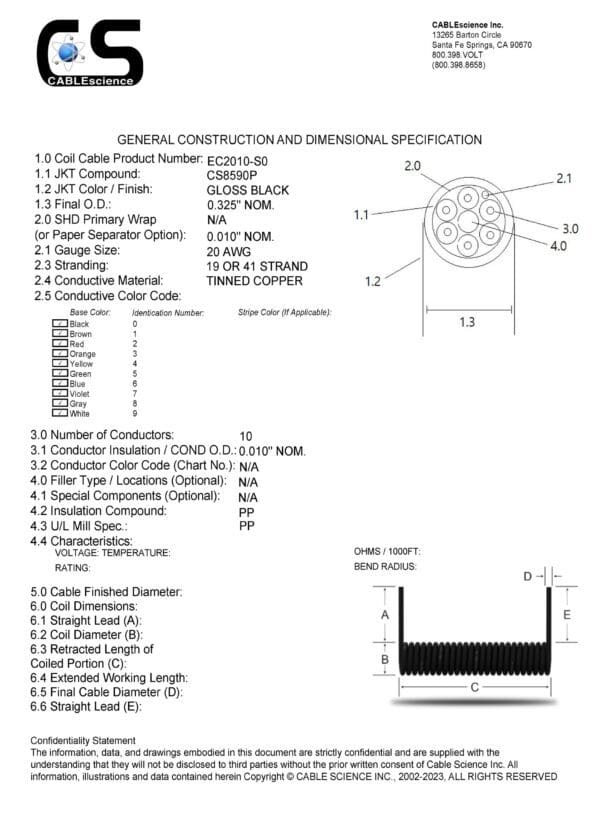 A diagram of a wiring diagram for an EC2010 - Electronic Coiled Cord 20 Gauge with 10 Conductors - No Shield cable.