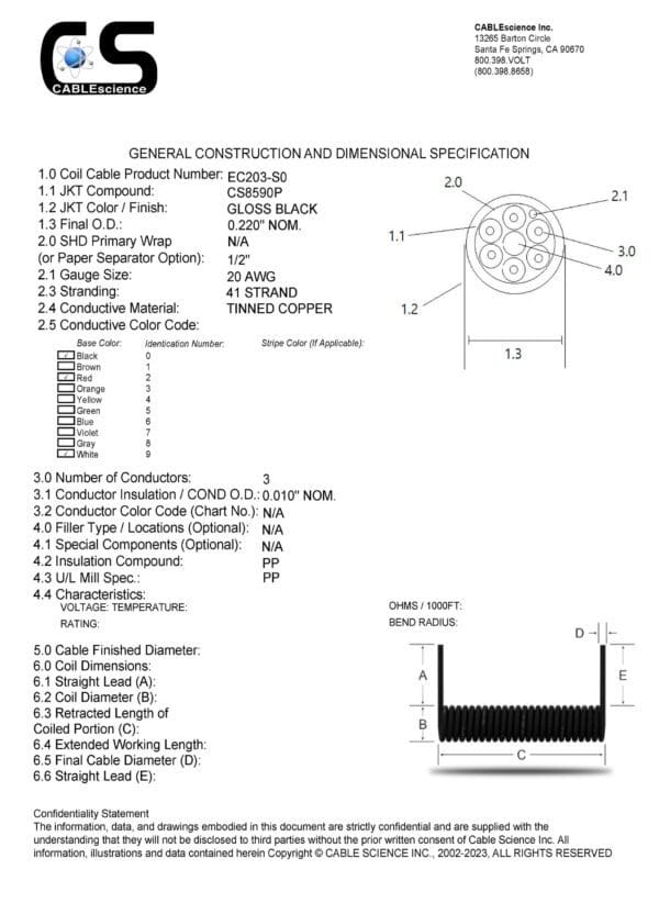 A diagram showing the construction of EC203 - Electronic Coiled Cord 20 Gauge with 3 Conductors - No Shield.