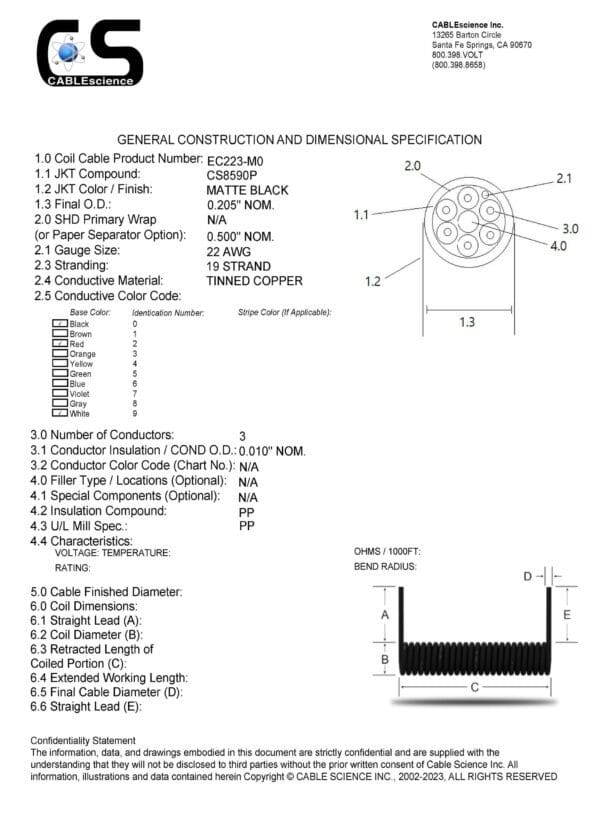 A diagram showing the construction of an EC223 - Electronic Coiled Cord 22 Gauge with 3 Conductors - No Shield.