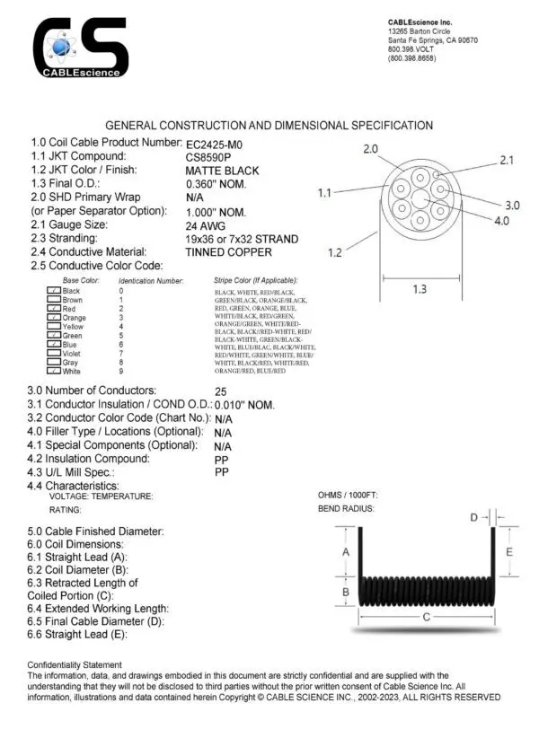 A diagram showing the wiring diagram for an EC2425 - Electronic Coiled Cord 24 Gauge with 25 Conductors - No Shield.