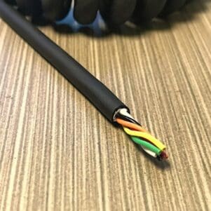 EC246 - Electronic Coiled Cord 24 Gauge with 6 Conductors - No Shield is a black cable with colored wires on top of it.