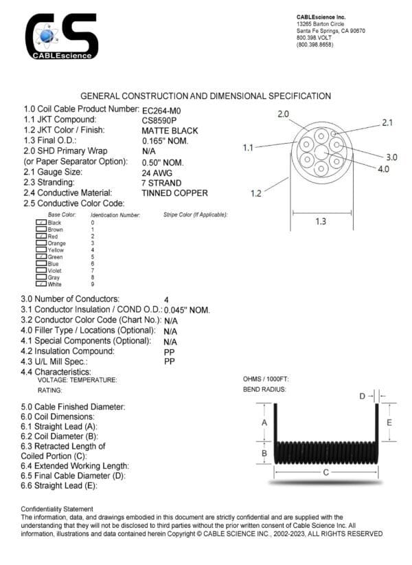 A diagram of a wiring diagram for the EC264 - Electronic Coiled Cord 26 Gauge with 4 Conductors - No Shield cable.