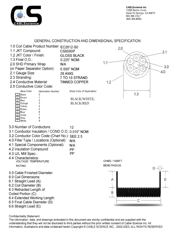 A diagram showing the wiring diagram for the EC2812 - Electronic Coiled Cord 28 Gauge with 12 Conductors - No Shield.