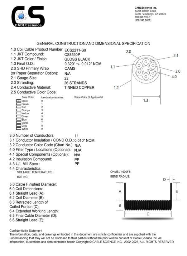 A diagram showing the construction of ECS2211 - Electronic Coiled Cord 22 Gauge with 11 Conductors - Aluminum Shielded.