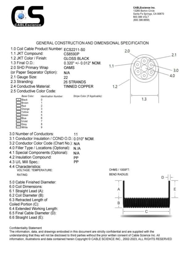 A diagram showing the construction of ECS2211 - Electronic Coiled Cord 22 Gauge with 11 Conductors - Aluminum Shielded.
