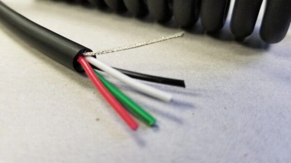 A close up of an EC204 - Electronic Coiled Cord 20 Gauge with 4 Conductors - No Shield.