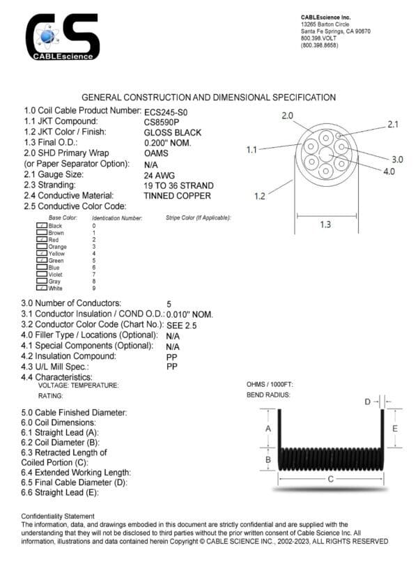 A diagram showing the construction of ECS245 - Electronic Coiled Cord 24 Gauge with 5 Conductors - Aluminum Shielded.