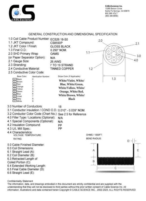 A diagram showing the wiring diagram for an ECS2618 - Electronic Coiled Cord 26 Gauge with 18 Conductors - Aluminum Shielded cable.