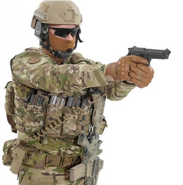 A soldier is pointing a Tactical Pistol Lanyard - NON-ELECTRIC COIL CORDS - NEC100 at a white background.