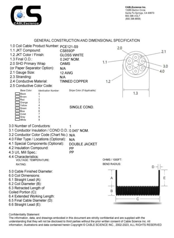 A diagram of a wiring diagram for a PCE121 - 12AWG, 1 CONDUCTOR POWER COIL CABLE.