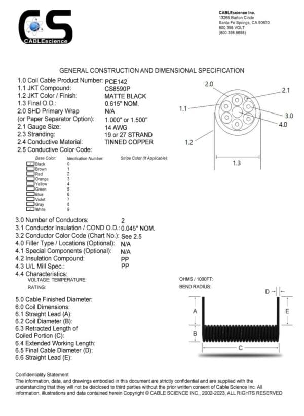 A diagram of a PCE142 - Power Coiled Cord 14 Gauge with 2 Conductors - No Shield for a cable.