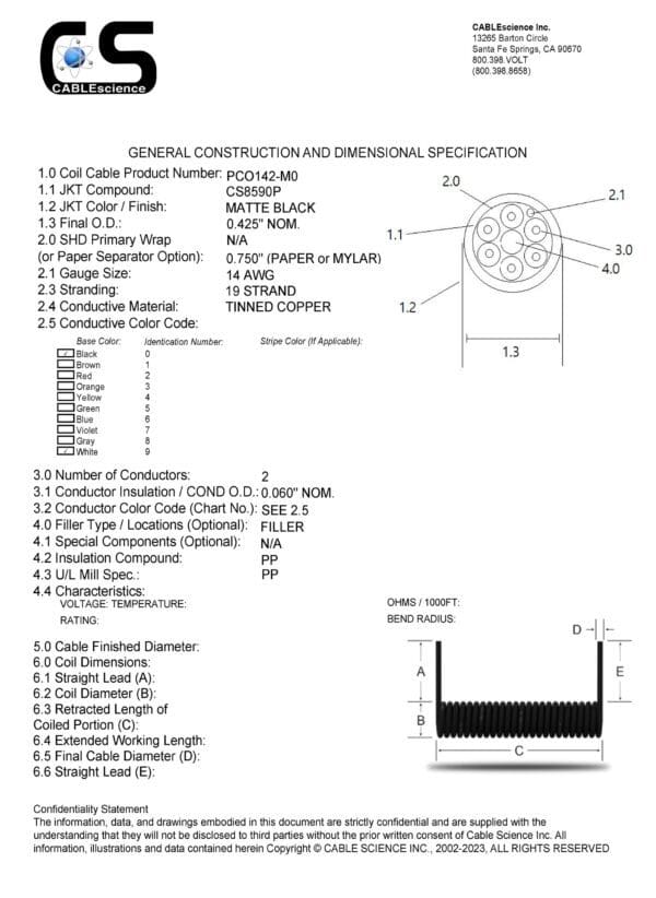 A diagram showing the construction of the PCO142 - Power Coiled Cord 14 Gauge with 2 Conductors - No Shield - 600 Volts cable.