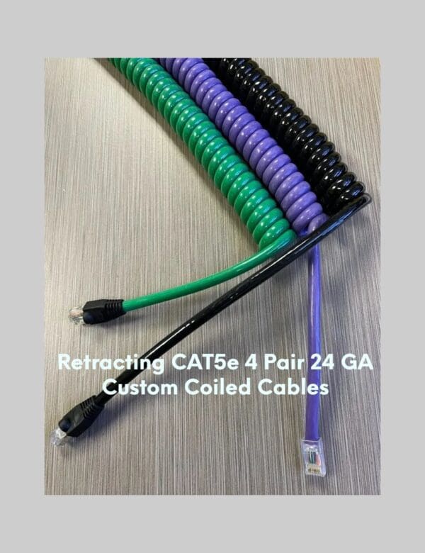 Retracting cat 4 pair 24 ga custom coiled cables.