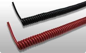 Two black and red coiled wires on a white background.