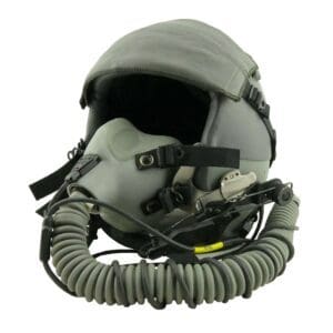 A pilot's helmet with a hose attached to it.