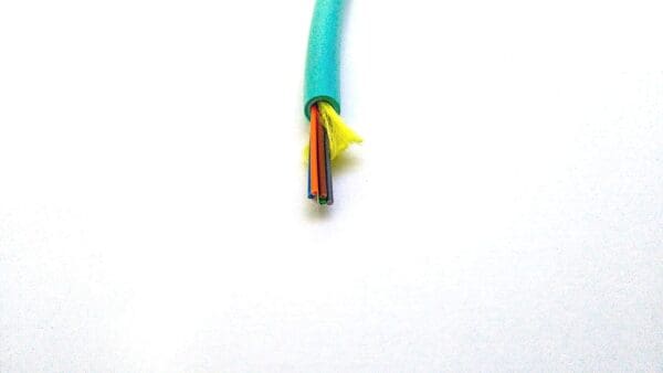 A FiOps240-6F - Aqua Blue cable with a yellow and blue wire.