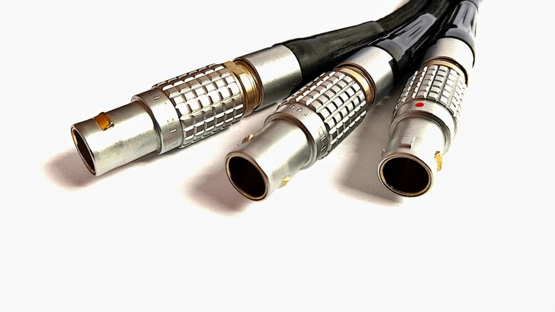 Three coaxial cables with LEMO 5-Pin B Series Circular Push Pull connectors on a white background.