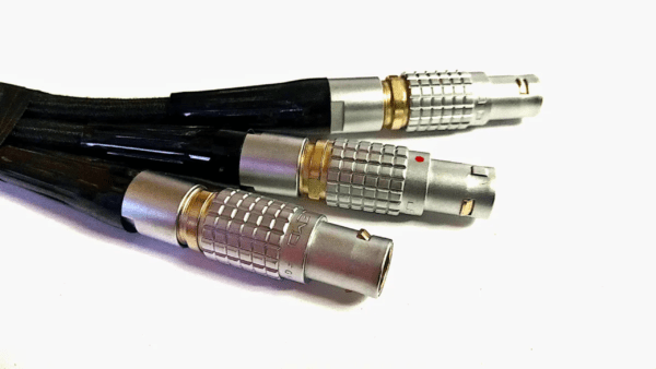 Three xlr audio cables with metal connectors and a LEMO 5-Pin B Series Circular Push Pull Connector on a white background.
