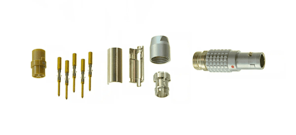 Various disassembled LEMO 5-Pin B Series Circular Push Pull Connector parts and pins arranged neatly on a plain white background.