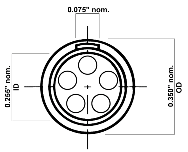 Technical drawing of a LEMO 5-Pin B Series Circular Push Pull Connector with five holes, labeled with dimensions for inner diameter (id) and outer diameter (od).