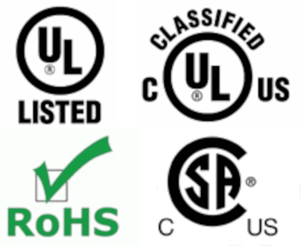 UL, CSA, and RoHS safety certifications.