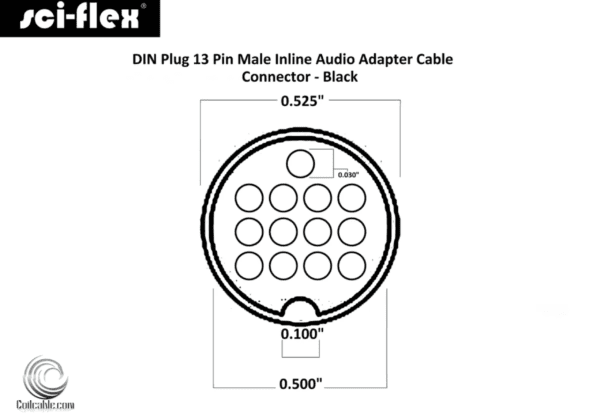 Technical diagram of a 13 Pin Male Inline DIN Plug Audio Adapter Cable Connector, showing dimensions and layout of pin holes.