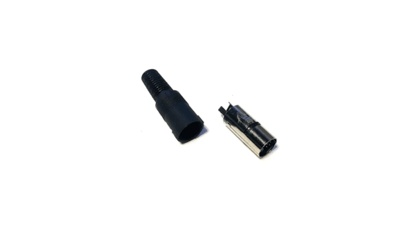 A black 13 Pin Male Inline DIN Plug Audio Adapter Cable Connector disassembled into two parts, displayed on a white background.