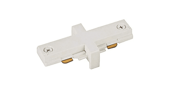 White plastic Juno R23 Miniature Straight Connector (R-Type Tracks) with two screws and two metallic contacts, isolated on a white background.