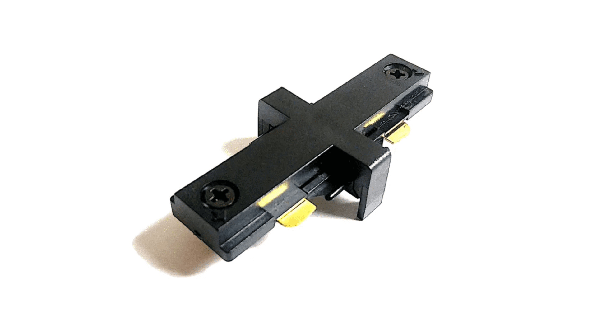 Black Juno R23 Miniature Straight Connector (R-Type Tracks) with metallic terminals and a roller lever, isolated on a white background.