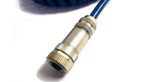 Close-up of a coaxial cable with a M12-5 - 5 Position Contact / Circular Connector Receptacle, Female Screw Socket, set against a white background with a blue spiraled cable visible.