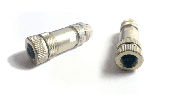 Two M12-5 - 5 Position Contact / Circular Connector Receptacle Female Screw Socket coaxial cable connectors on a white background, one standing upright and the other lying horizontally.