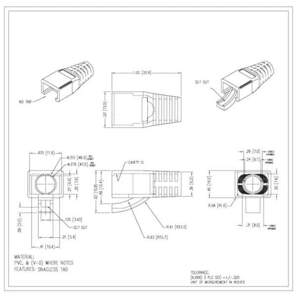 Technical drawings and dimension specifications of a Sci-Flex© Category 6A/6 RJ45 plug PVC cable connector with details on material, features, and tolerance. Includes side and perspective views along with an 8mm strain.