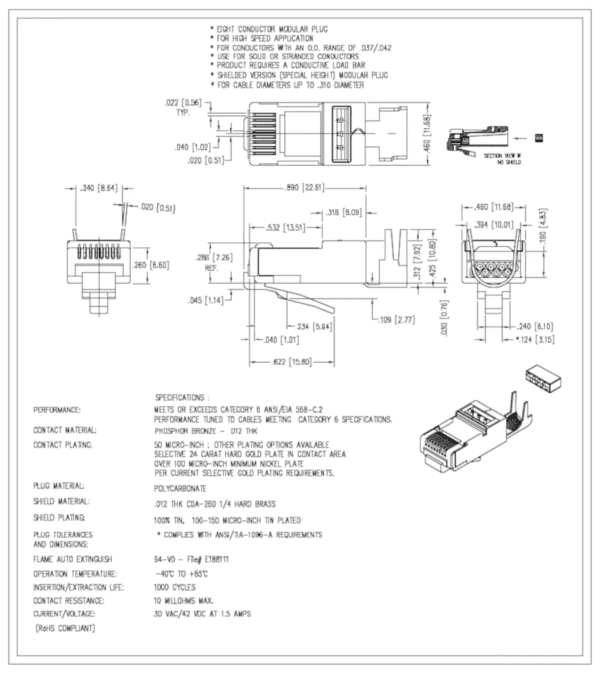 Technical drawing of a Sci-Flex© Category 6A/6 RJ45 plug and d-sub electrical connector with detailed measurements and specifications, including material and plating information.