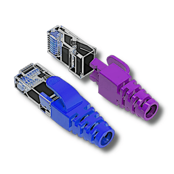 Two Sci-Flex© Category 6A/6 RJ45 plugs, one blue and one purple, displayed with internal structures visible, isolated on a white background.