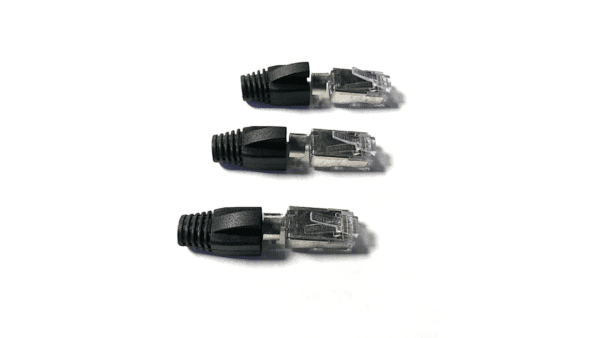 Three Sci-Flex© Category 6A/6 RJ45 ethernet cable connectors arranged in a row on a white background with an 8mm strain relief snag less boot COMBO.