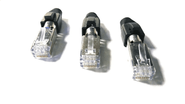 Three Sci-Flex© Category 6A/6 RJ45 Plug and 8mm Strain Relief Snag-Less Boot Combo ethernet cables with an 8mm strain relief snag less boot on a white background.
