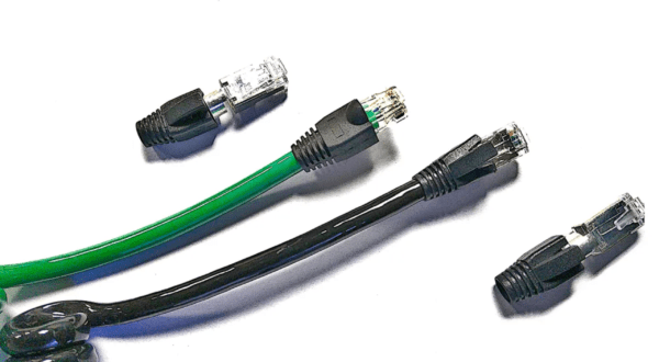 Sci-Flex© Category 6A/6 RJ45 Plug and 8mm Strain Relief Snag-Less Boot Combo cables with varying colors and one rolled in a loop on a white background.