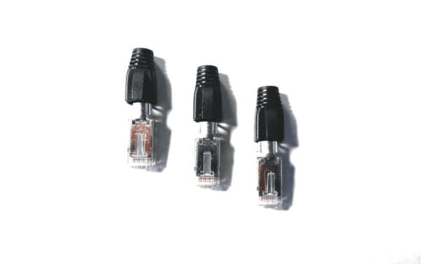 Four Sci-Flex© Category 6A/6 RJ45 ethernet cables with transparent connectors and black 8mm strain relief snag-less boots aligned horizontally on a white background.