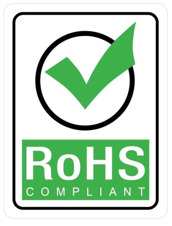 A label indicating RoHS compliance with a large green checkmark above the text "RoHS compliant," framed by an image of a Sci-Flex© Category 6A/6 RJ45 Plug and 8mm Strain Relief Snag-Less Boot Combo