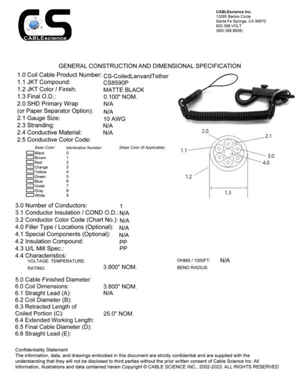 Technical drawing of a High Performance Coiled Lanyard Safety Tether with labeled parts and dimensions, accompanied by a detailed spec sheet including construction and material descriptions.
