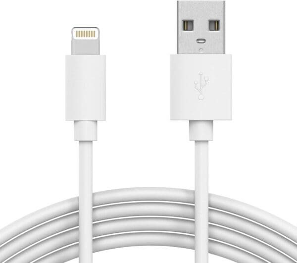 iPhone/iPod/iPad to USB Cable White with a Lightning connector on one end and a standard USB connector on the other, compatible with iPhone, iPod, and iPad.