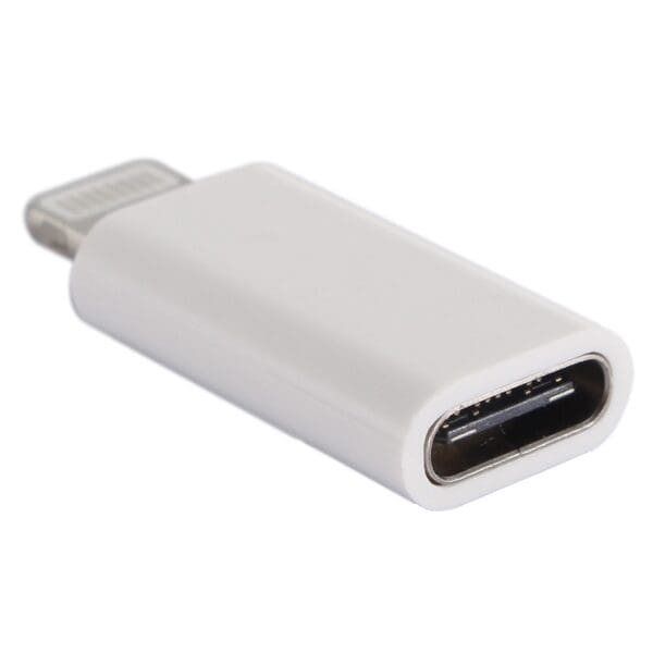 USB-C (Female) to Lightning (Male) Adapter - Data Transfer and Device Charger against a plain background.