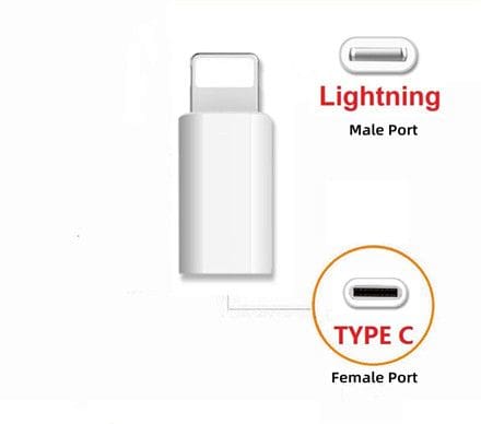 Illustration of a USB-C (Female) to Lightning (Male) Adapter - Data Transfer and Device Charger for iPhone, with a Lightning (Male) port on one end and a USB-C (Female) port on the other, labeled respectively.