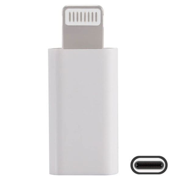 White USB-C (Female) to Lightning (Male) Adapter - Data Transfer and Device Charger isolated on a plain background.