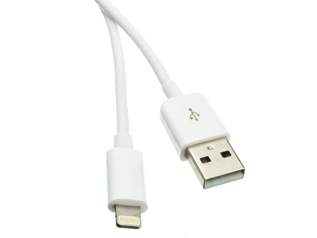 A iPhone/iPod/iPad to USB Cable White designed for iPhone, iPod, and iPad, featuring a USB-A connector on one end and a lightning connector on the other, all set against a white background.